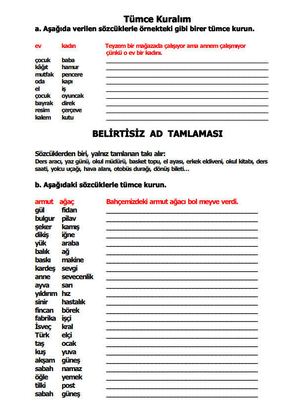belirtisiz isim tamlamaları çalışma kağıdı