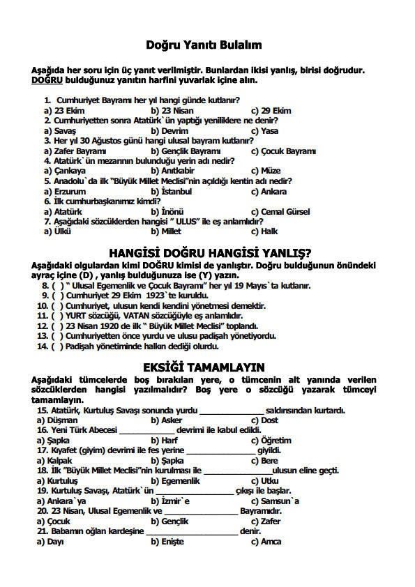 doğru yanıtı bulalım çalışma kağıdı