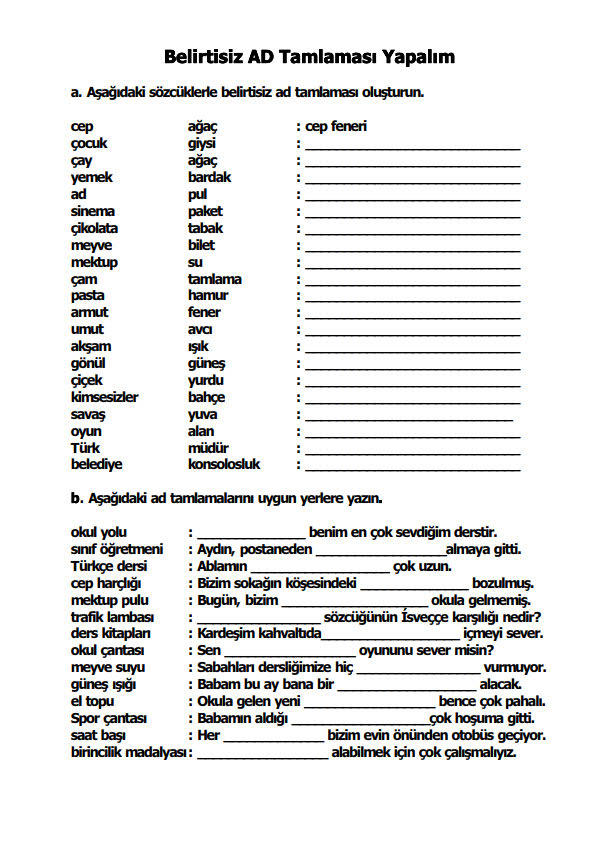belirtisiz ad tamlaması yapalım çalışma kağıdı