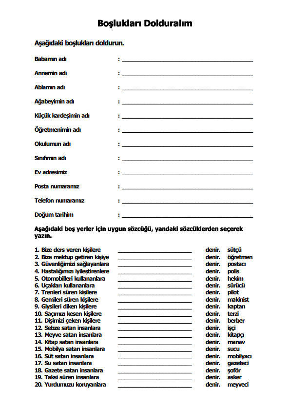 boşlukları dolduralım çalışma kağıdı