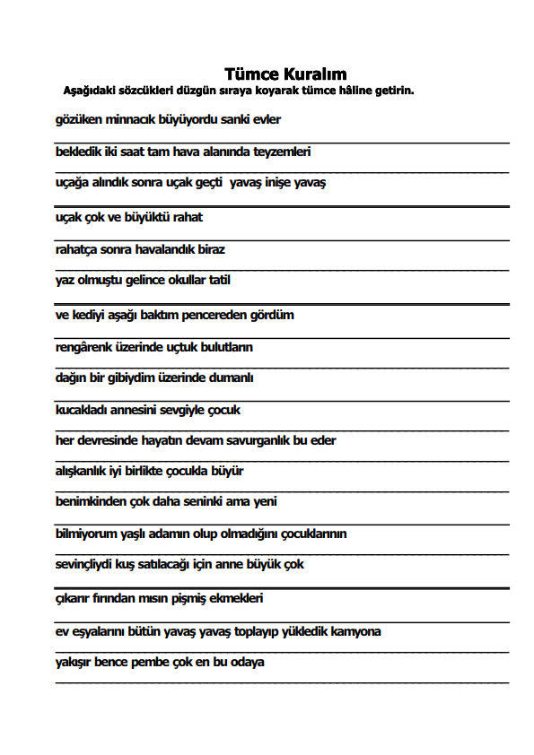 cümle kuralım çalışma kağıdı