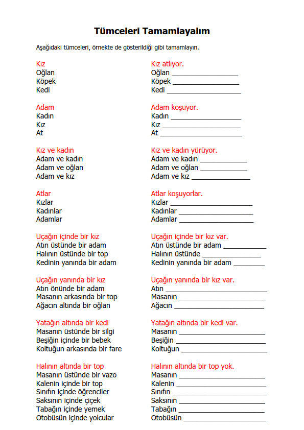cümeleri tamamlayalım çalışma kağıdı