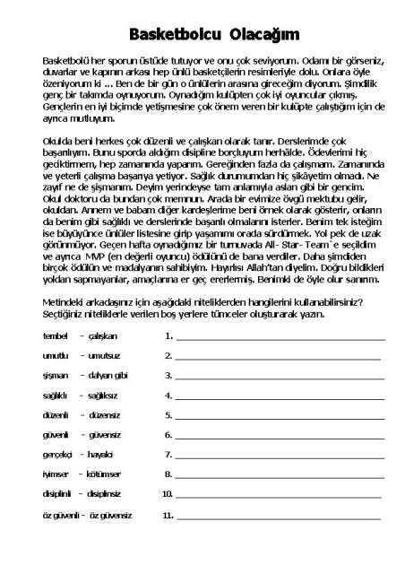 Basketbolcu Olacagim) çalışma kağıdı
