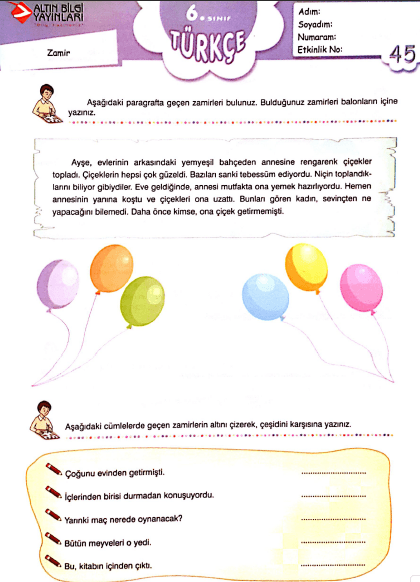 Zamirler 6. Sınıf Çalışma Kağıdı