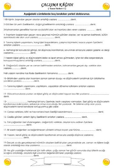Yazı Türleri Çalışma Kağıdı İndir