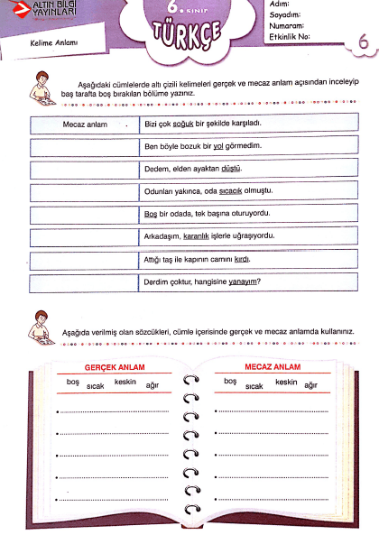 Kelimede Anlam 6. Sınıf Çalışma Kağıdı