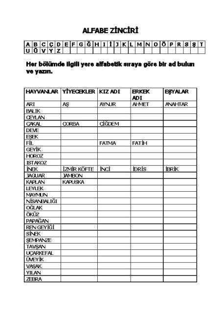 alfabe zinciri çalışma kağıdı