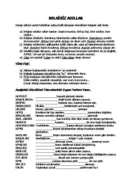 belgisiz zamir çalışma kağıdı