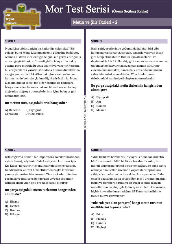 8. Sınıf Mor Test Serisi: Metin ve Şiir Türleri – 2