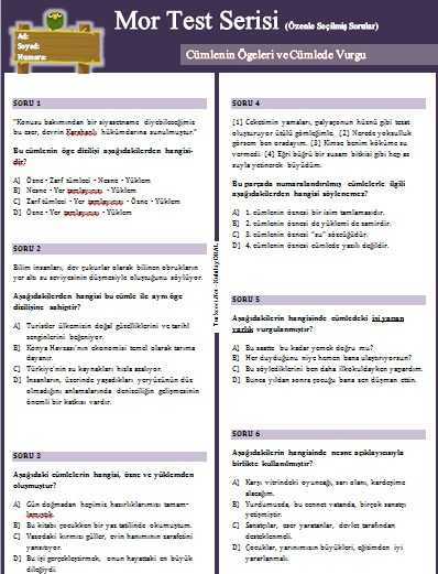 8. Sınıf Mor Test Serisi: Cümlenin Ögeleri
