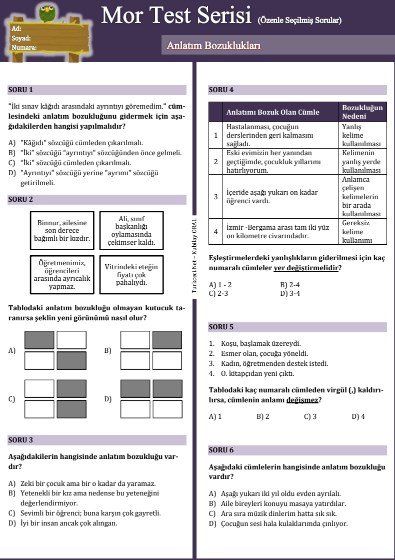 8. Sınıf Mor Test Serisi: Anlatım Bozukluğu