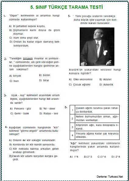 5. SINIF TÜRKÇE TARAMA TESTİ