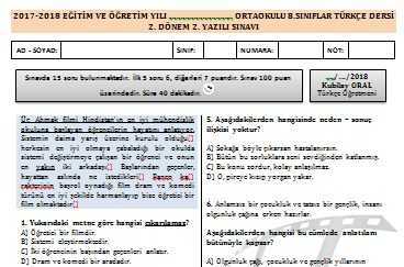 Türkçe 2. Dönem 2. Yazılıları (Kubilay ORAL) – 2018