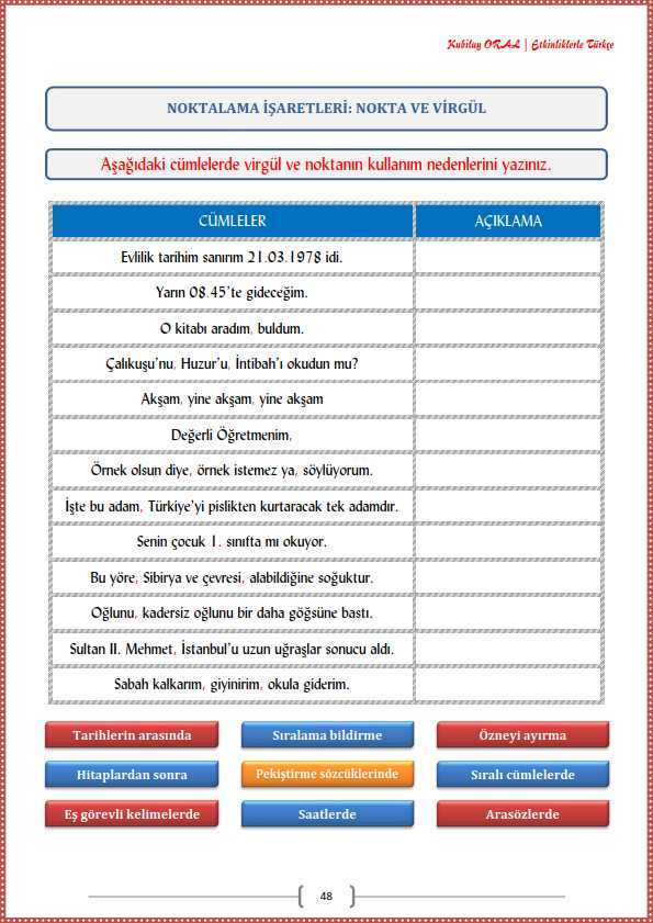 Nokta ve Virgül Çalışma Kağıdı