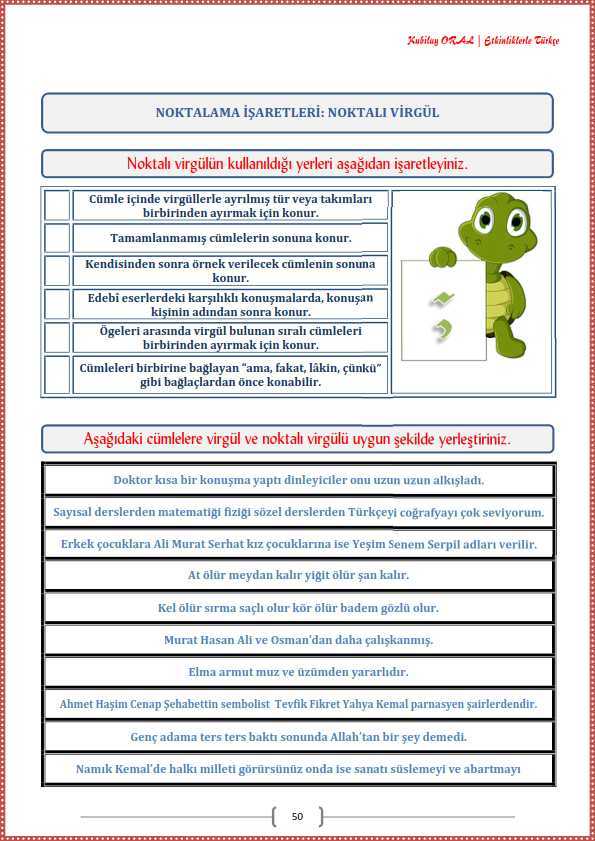 Noktalı Virgül Çalışma Kağıdı