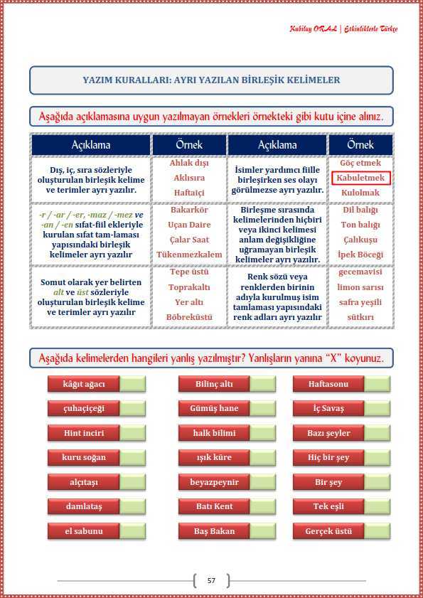 Ayrı Yazılan Birleşik Kelimeler Çalışma Kağıdı