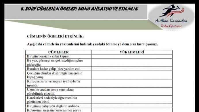 Cümlenin Ögeleri Çalışma Kağıdı (Asilhan Hoca)