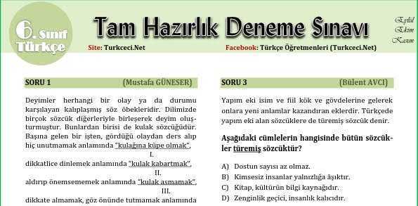 6. Sınıf Türkçe Deneme Sınavı (Tam Hazırlık-1)