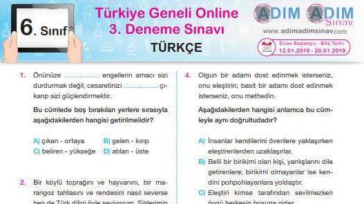 6. Sınıf Deneme Sınavı (Tüm Dersler) – Ocak 2019