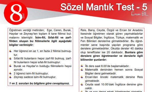 Sözel Mantık Testi – 5 (8. Sınıf LGS – 2019)