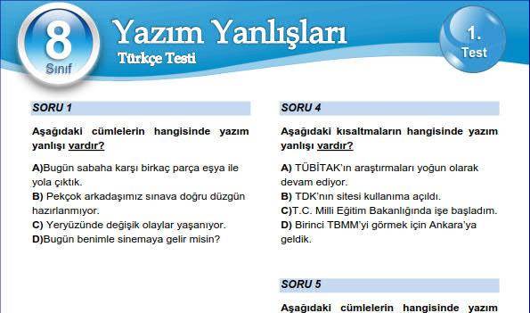 8. Sınıf Yazım Yanlışları Testi