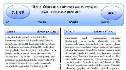 7. Sınıf Türkçe Deneme Sınavı – Mayıs 2019