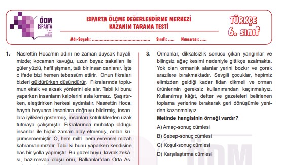 Isparta ODM – Kazanım Testleri (Tüm Dersler)