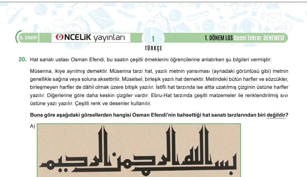 Öncelik Yayınları Türkçe LGS 1. Dönem Tekrar Denemesi
