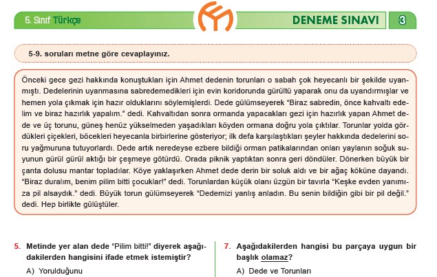 5. Sınıf Türkçe #evdekal Deneme Sınavı – 3 (Model Yayınları)