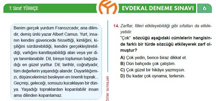 7. Sınıf Türkçe #evdekal Deneme Sınavı – 6 (Model Yayınları)
